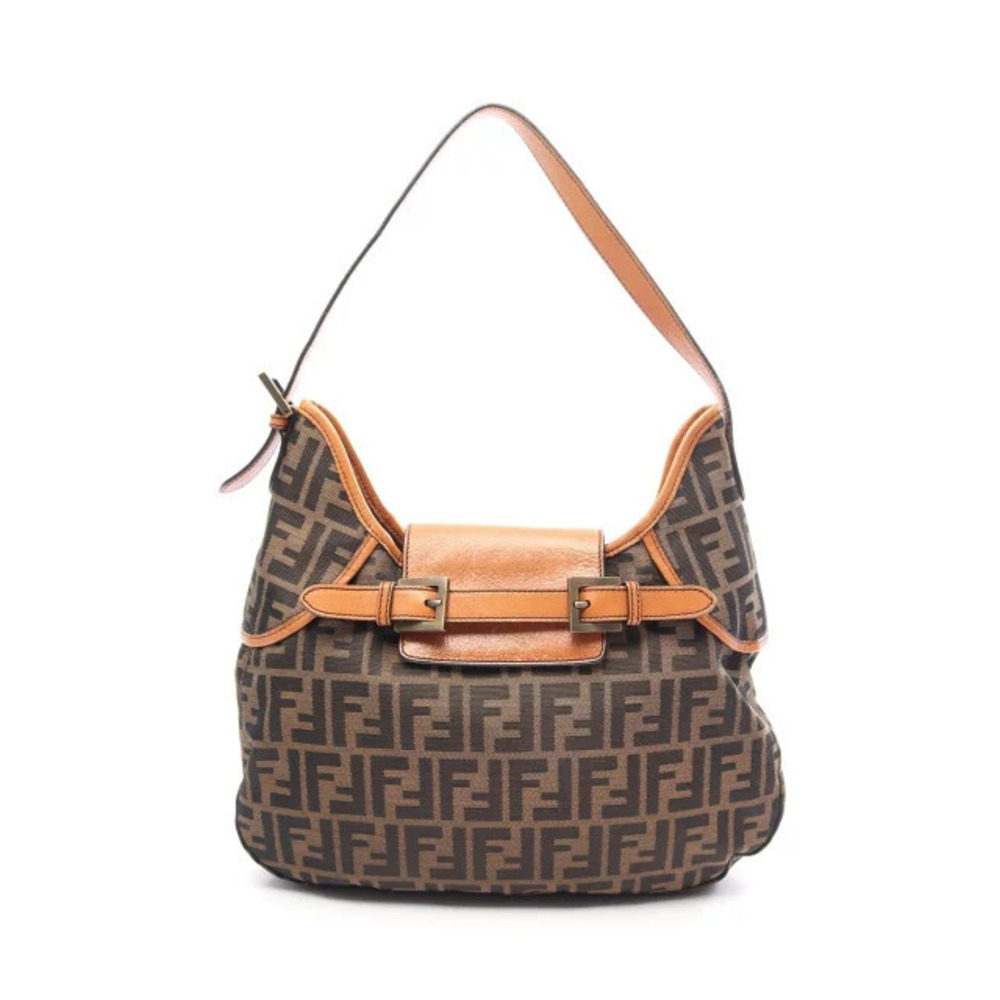 Fendi Zucca Shoulder Bag Canvas Leather Black Brown